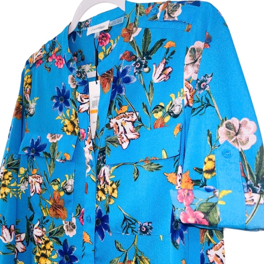 Calvin Klein Georgette Floral Blouse Roll-Sleeves Pockets Long Sleeve Blue - Picture 5 of 10